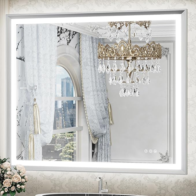TETOTE Brushed Silver LED Bathroom Mirror with Lights 42x36 Front & Back Light Vanity Framed Mirror Baroque Anti Fog Dimmable White/Warm/Natural,CRI90+,Waterproof,Wall Mounted(Horizontal/Vertical)