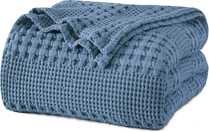 PHF 100% Cotton Waffle Weave Blanket King Size for Bed, Soft Lightweight & Breathable, All-Season Comfort, Luxury Aesthetic Woven Bedding for Home Decor, 108"x90", Denim Blue