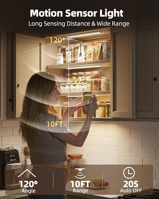 Under Cabinet Lighting Wireless,Rechargeable Battery Motion Sensor Light Indoor,LED Closet Lights USB Charging,3 Color Dimmable Under Cabinet Lights for Kitchen, Cabinet, Wardrobe (3 Pcs)12in