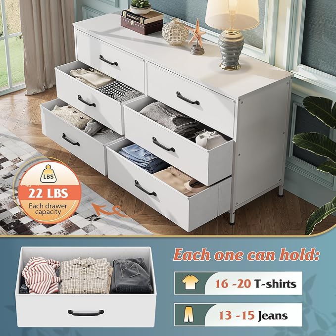 WLIVE 6 Drawer Dresser for Bedroom Large, Fabric White Dresser TV Stand for 50, 55, 60 inch TV, Wide Long Chest of Drawers with Deep Drawer for Closet, Bedroom, Living Room, Hallway
