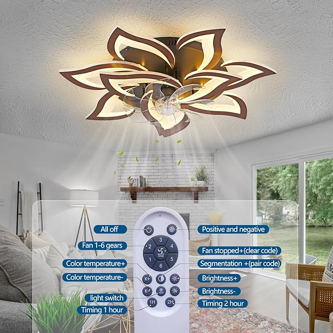 Modern Ceiling Fan with Lights Remote Control, 32" Wood Ceiling Fan with Light, 6 Speeds 3 Light Color Low Profile Flush Mount Ceiling Fan for Kitchen Bedroom