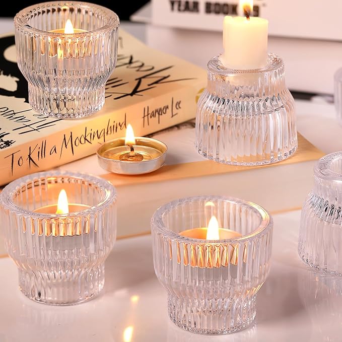 12pcs Clear Taper Candle Holders, Glass Candlestick Holders, Tea Light Candle Holder for Fall Wedding Centerpieces Table Decorations, Votive Candle Holders for Table Decor