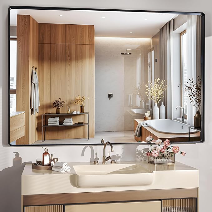 Hasipu Black Bathroom Mirror for Wall, 59 x 40 Inch Metal Framed for Over Sink, Rectangle Vanity Mirror, Anti-Rust, Tempered Glass, Horizontal or Vertical