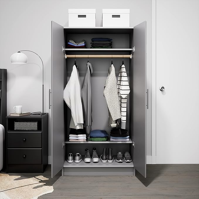 Prepac Elite 32" Storage Cabinet, Light Gray Storage Cabinet with Hanging Rail and Shelves for Living room, Kitchen and Laundry room 24.5" D x 32" W x 65" H