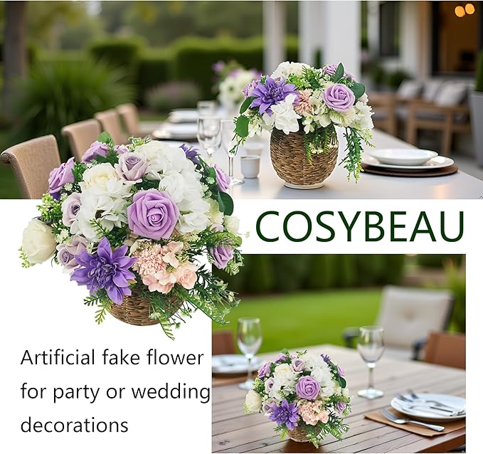 Artificial Fake Flowers 27pcs Roses, Mixed White & Purple Faux Flower for DIY Wedding Bouquet Bridal Shower Centerpieces Floral Arrangements Party Table Home Decorations