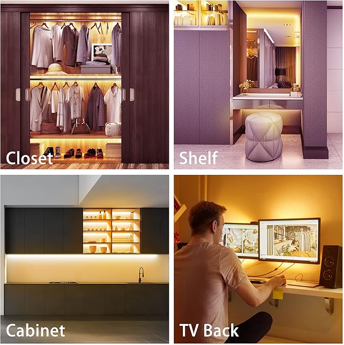 LAFULIT 10 PCS Under Cabinet Lights Kit, Stick on Lights, Flexible Led Strip Lights with Remote and Power Adapter, for Kitchen Cabinets Shelf Desk Counter Corner, 2700K Warm White, 16.4ft