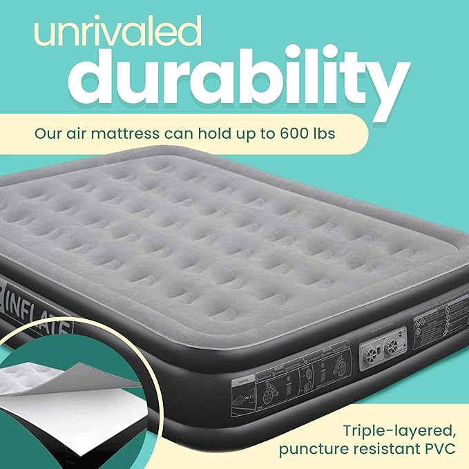 EZ INFLATE Air Mattress with Built in Pump - Queen Size Double-High Inflatable Mattress with Flocked Top - Easy Inflate, Water
