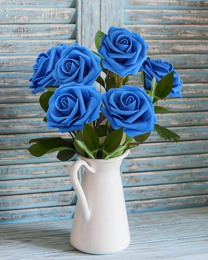 JOYLEX 100Pcs Royal Blue Artificial Flowers Realistic Roses, Real Looking Fake Roses with Stem for DIY Wedding Bouquets Centerpieces Bridal Shower Party Home Romantic Decorations (Blue, 100pcs)