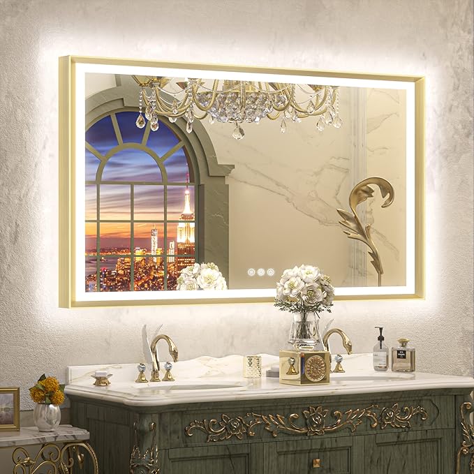 TETOTE Gold LED Bathroom Mirror with Lights 55x36 Front & Back Light Vanity Framed Mirror Baroque Anti Fog Dimmable White/Warm/Natural,CRI90+,Waterproof,Wall Mounted(Horizontal/Vertical)