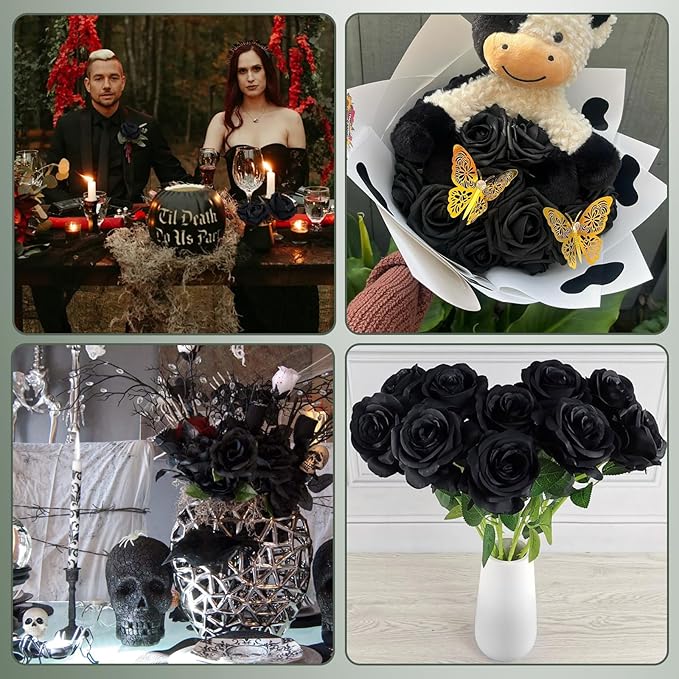 Black Roses Artificial Flowers 10 Pack in Bulk, Black Fake Roses Flowers Realistic Roses for Halloween Gothic Wedding Home Party Decoration Event Gift