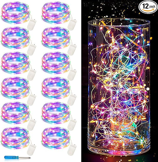 VOOKRY Fairy Lights Battery Operated Mini Starry String Lights, 12 Pack 30 LEDs 10 ft Silvery Copper Wire Lights Multicolor, Works for DIY Wedding Centerpiece, Party, Table, Christmas Decorations