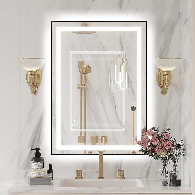 20"x 28" LED Bathroom Mirror with Black Frame, Bathroom Mirror with Lights Front and Backlit, Lighted Mirror Stepless Dimmable, Anti-Fog, Memory, LED Vanity Mirror with Lights 3 Colors