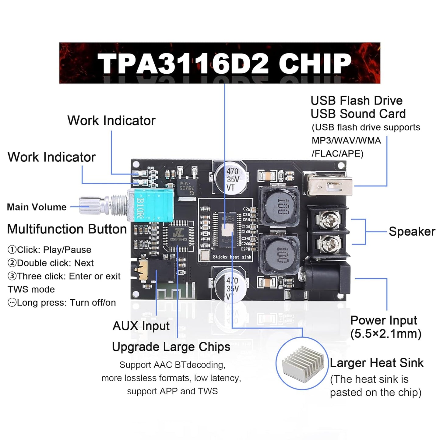 ZK-1001B Mono Bluetooth Amplifier Board with TPA316D2 Chip, Wide Voltage Input 12-24V, Peak Output Power 100W, Black