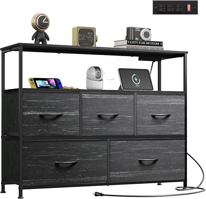 WLIVE Dresser for Bedroom, 5 Drawer Dressers with Charging Station, Fabric Chest of Drawers with Open Shelves, Storage Dresser for Living Room, Closet, Entryway, Charcoal Black Wood Grain Printt