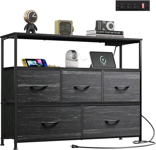 WLIVE Dresser for Bedroom, 5 Drawer Dressers with Charging Station, Fabric Chest of Drawers with Open Shelves, Storage Dresser for Living Room, Closet, Entryway, Charcoal Black Wood Grain Printt