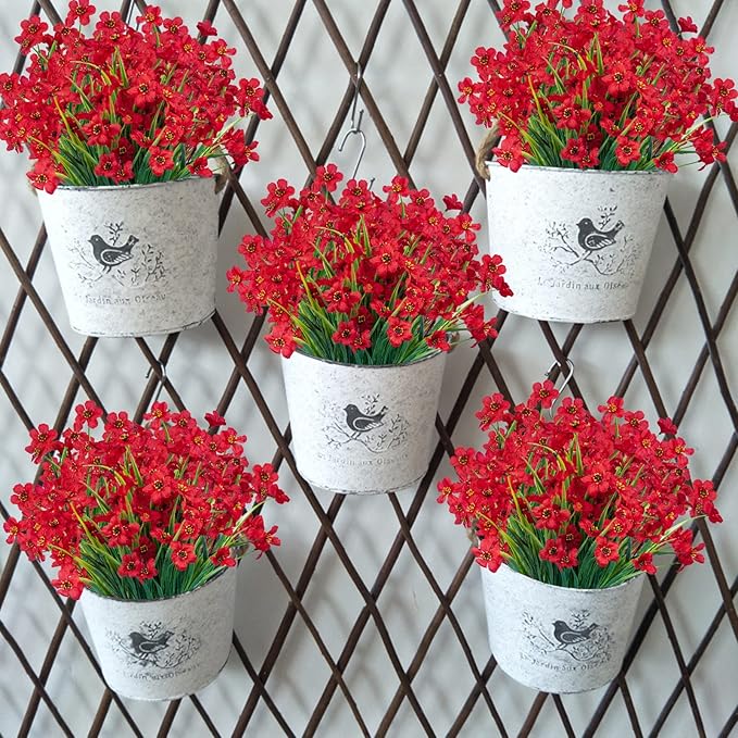 Lnoicy 12 Pcs Artificial Flowers for Outdoor,Plastic Flowers Decoration, UV Resistant Faux Flowers Shrubs, Artificial Plants for Indoor Outside Garden Home Wedding Farmhouse（Red）