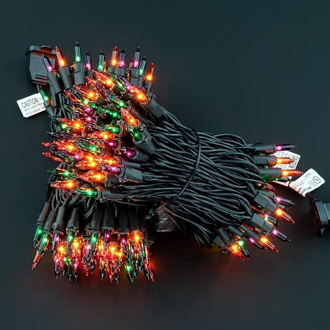 YULETIME 200 Orange Green & Purple Halloween Lights with Black Wire, Pack of 2 Sets 33 ft 100 Count UL Certified Christmas String Lights (Orange, Green & Purple)