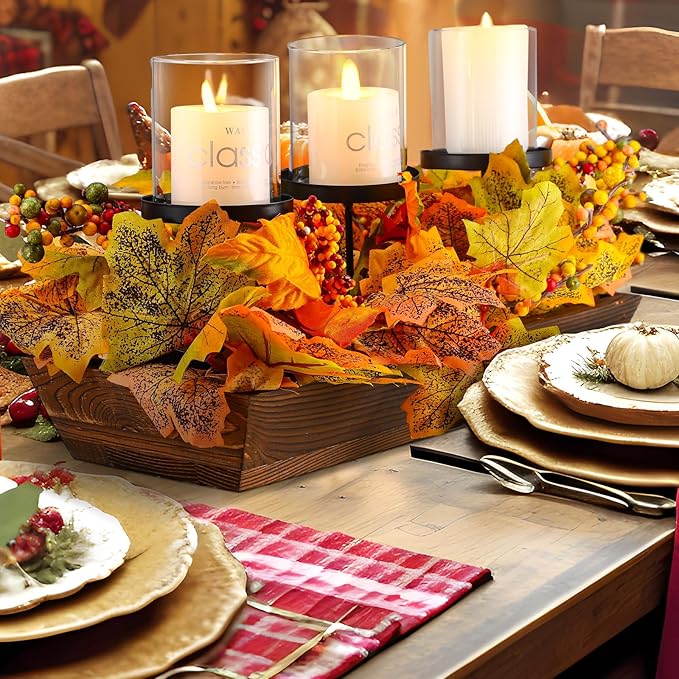 Fall Table Centerpiece Fall Thanksgiving Candle Holder with 3 Candle Holders and 3 Glass Cups, Artificial Maple Leaf Harvest Table Centerpiece with Pumpkins Berries