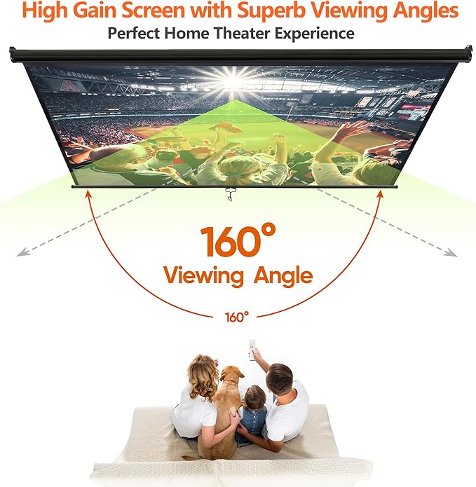 100 Inch Projection Screen Outdoor Indoor 16:10 HD Foldable Manual Pull Down Projector Screen for Movie Home Backyard Theater Cinema Office Video Game, Black