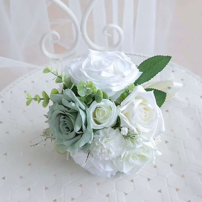 White Wedding Bouquets for Bride Bridesmaid, Artificial Sage Green Bride Flower Bouquet for Wedding Church Decoration Ceremony, Anniversary, etc, Roses Flowers