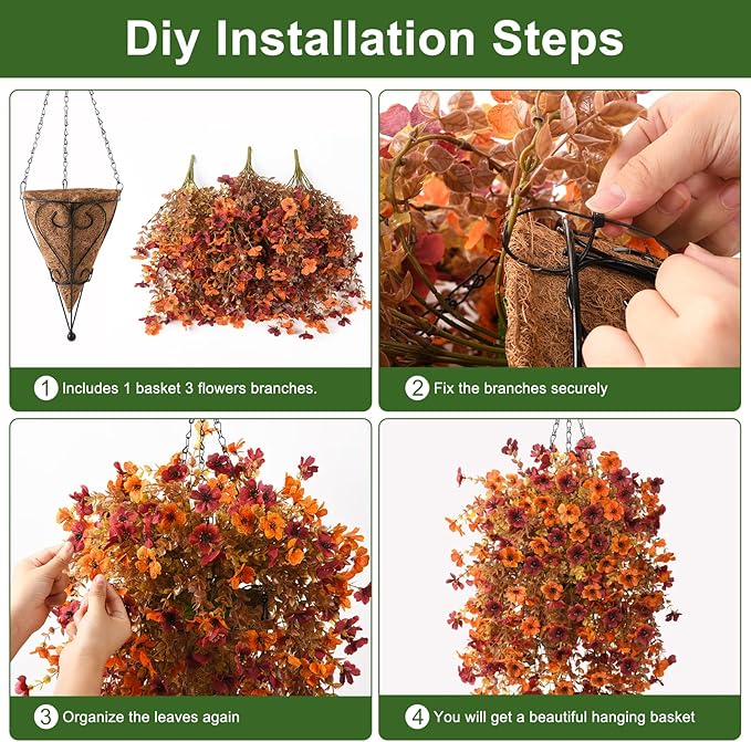 Artificial Faux Fall Hanging Flowers Plants Basket for Outdoor Decoration,Fake Silk Orange Mums planters UV Resistant Look Real for Home Porch Patio Yard Outside Autumn Decor (Brown)