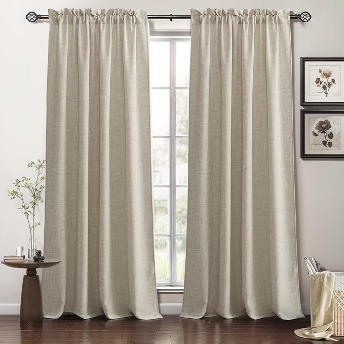 RYB HOME Natural Beige Linen Sheer Curtains 108 inches Long for Living Room and Dining Room, Weave Textured/Rod Pocket, Light Filtering Sheer Curtains and Drapes, W 52 x L 108 inches, 2 Panels Set