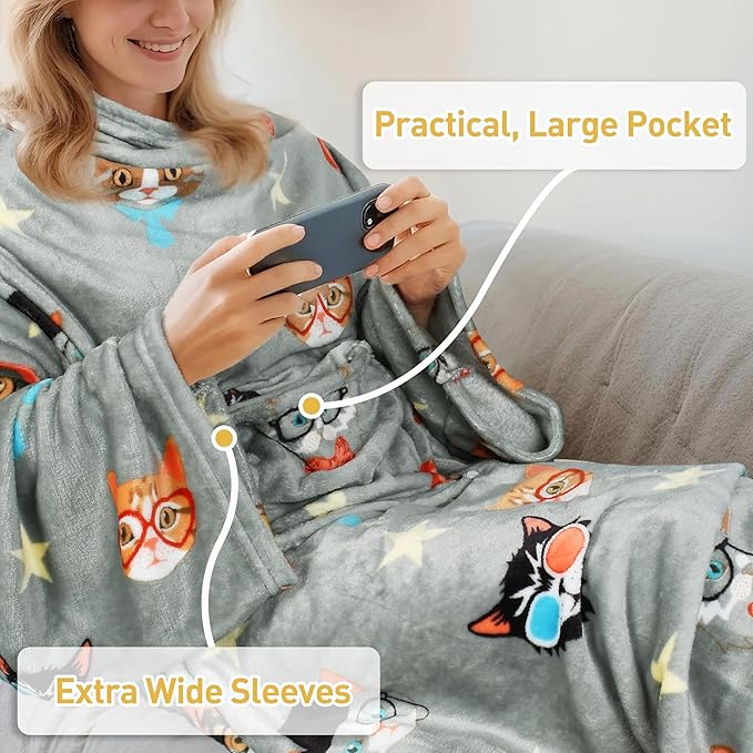 Catalonia Cat & Dog Print Wearable Blanket with Sleeves and Foot Pocket – Ultra-Soft Warm Fleece Long Throw Snuggly Blanket for Sleeping & TV Time – Cozy Christmas Gift for Women & Men