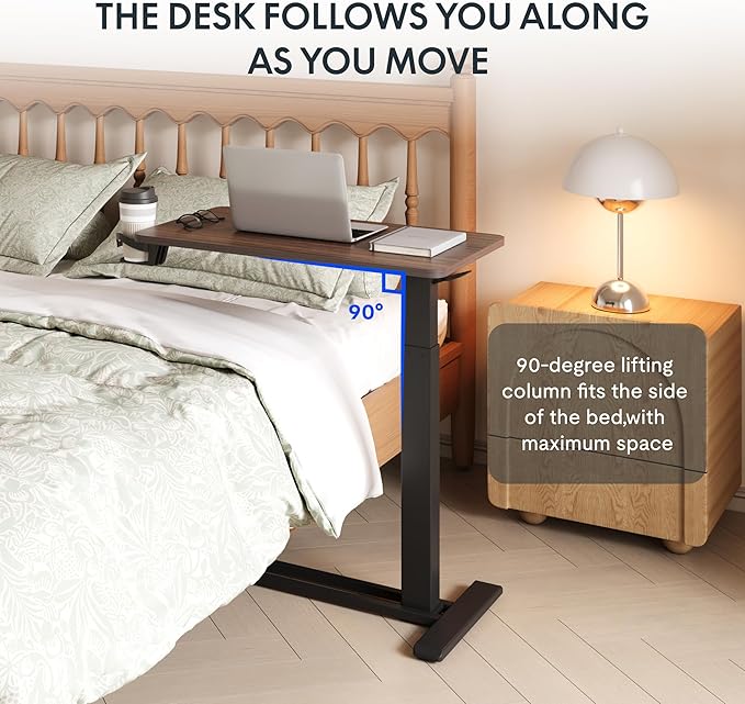 FLEXISPOT H7 Adjustable Overbed Bedside Table with Wheels Pneumatic Mobile Standing Desk Laptop Desk Rolling Computer Cart Movable Table Hospital Home Use(27.6" W x 15.7" D, Mahogany Table)