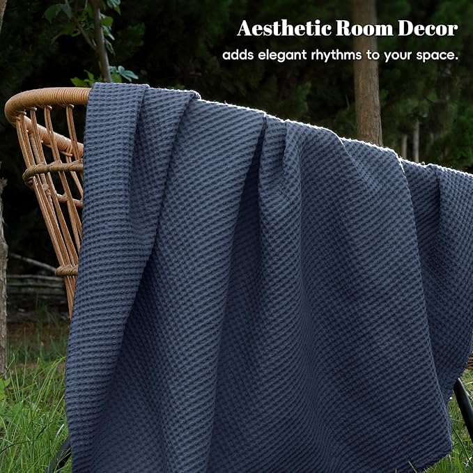 PHF 100% Cotton Waffle Weave Blanket Twin Size for Bed,Snag Proof Lightweight Breathable Moisture-Wicking Throw for Couch,Great for Layering in Cold Weather,Machine Washable,Home Decor Gift-Dark Navy