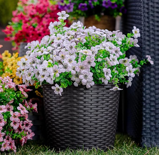 Artificial Flowers for Outdoors Fake Plants - 16 Bundles Faux Outside Greenery Boxwood UV Resistant No Fade Plastic Shrubs Fall Decor Farmhouse Home Garden Mums (White)