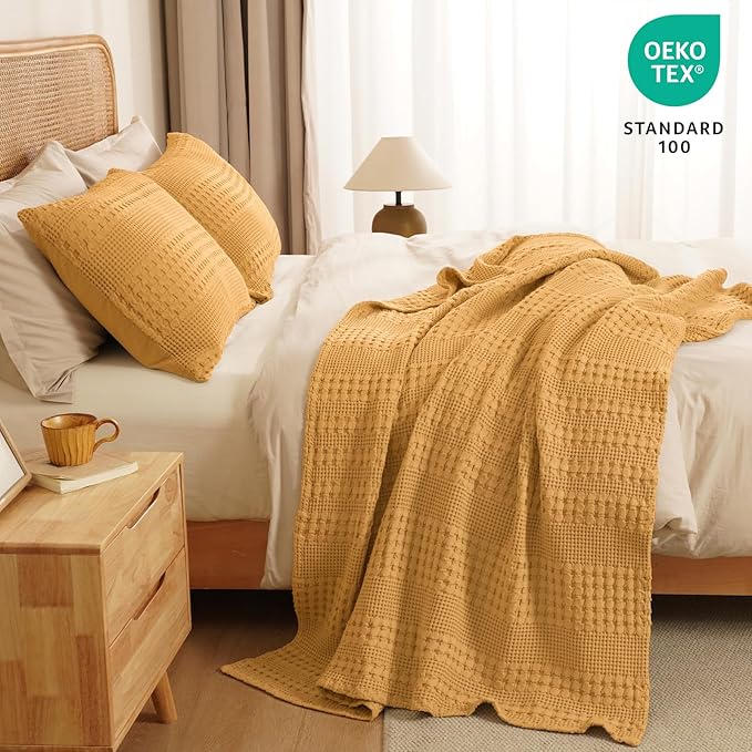 PHF 100% Cotton Waffle Weave Throw Blanket, Soft Lightweight Breathable Cozy Throws for Couch Bed Sofa, Luxury Aesthetic Woven Blanket for Home Decor & Office, 50"x60", Pumpkin Orange