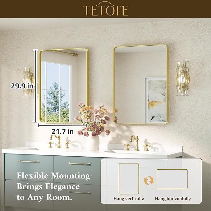 TETOTE 22 x 30 Gold Bathroom Mirror Brushed Gold Metal Framed Vanity Mirror, Tempered Glass, Wall Mounted for Bathroom, Entryway, Bedroom, Living Room(Horizontal/Vertical)