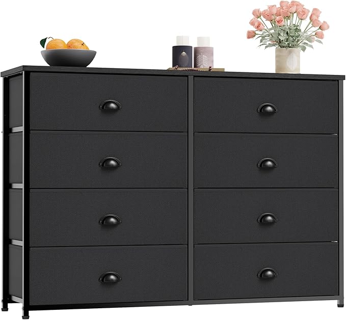 Furnulem Dresser with 8 Fabric Drawers, Wide Console Table for 50'' TV, Storage Organizer Unit for Bedroom, Office, Dorm, Closet, Hallway, Sturdy Metal Frame & Wood Top (Black)