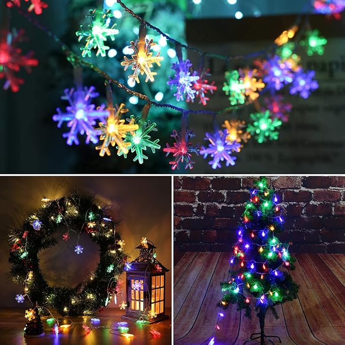 BrizLabs Colored Snowflake Lights, 40 LED 16.08ft Snow Flake Christmas Lights with Remote, 8 Modes LED String Lights Waterproof, Dimmable Battery Xmas Lights for Indoor Outdoor Christmas Tree Decor