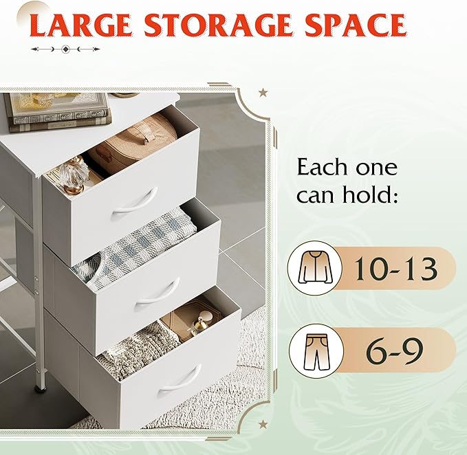 WLIVE Nightstand with 3 Drawers, Fabric Dresser, Organizer Unit, Storage Dresser for Bedroom, Hallway, Entryway, Closets, Sturdy Steel Frame, Wood Top, Easy Pull Handle, White