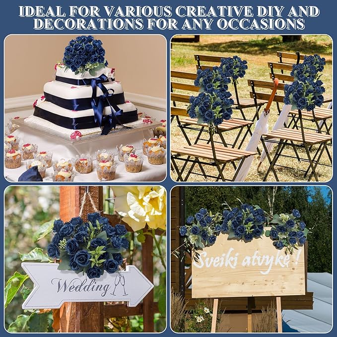 Zeyune 8 Pack 12 Inch Wedding Bouquets for Bride Bridesmaid Dark Blue Artificial Rose Bouquet Fake Silk Roses Flowers Bunches Bulk for Home Office Garden Parties Decoration
