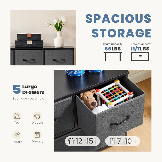 DUMOS Dresser for Bedroom, 5 Storage Drawers, Wide Fabric Closet Chests Organizer Tower Furniture with Wooden Top Metal Frame for Clothes, Guest Room, Living Room, Hallway, Entryway