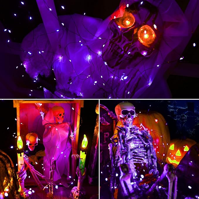 Brizled Halloween Fairy Lights, 2 Pack Total 78FT 240 LED Purple Fairy Lights, 8 Modes Solar Powered Purple Light, Twinkle Outdoor Halloween Light String for Outside Party Home Decor Black Wire
