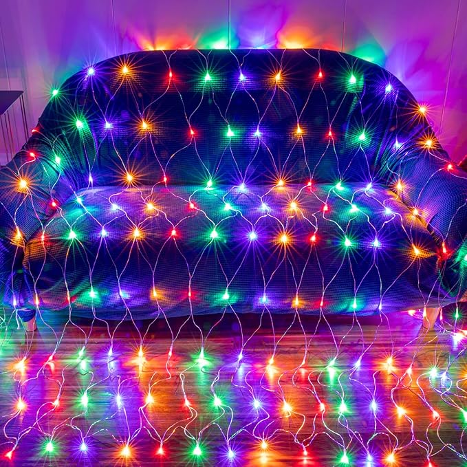AWQ 360 LED 13.1ft x 6.6ft String Lights Christmas Net Mesh Lights 8 Modes for Christmas Wedding Party Home Garden Lawn Bushes Indoor Outdoor Decor (13.1ft x 6.6ft, Multicolor)