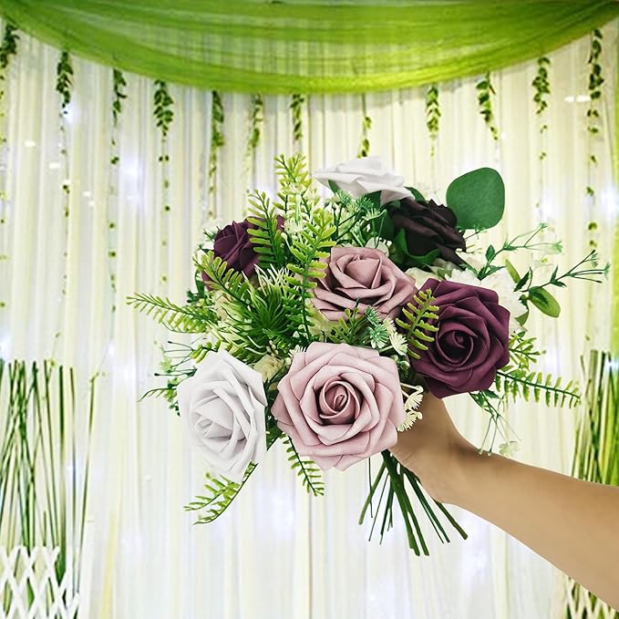Artificial Fake Flowers 25pcs Roses, Shade of Dark Purple Foam Rose Faux Flower for DIY Wedding Bouquet Bridal Shower Centerpieces Floral Arrangements Party Table Home Decorations