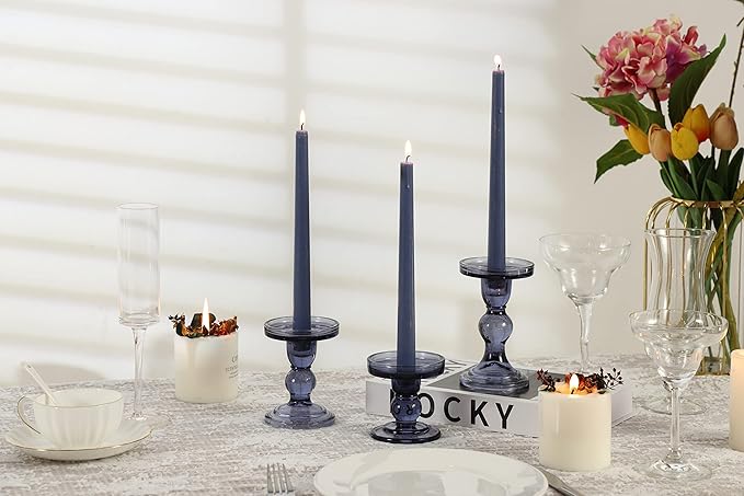 GMWD 3 Pcs Glass Candle Holder Set Clear, Blue Candlesticks Holders Pillar Taper Candles Tealight Stand for Wedding Centerpieces Home Decorations Dining Table