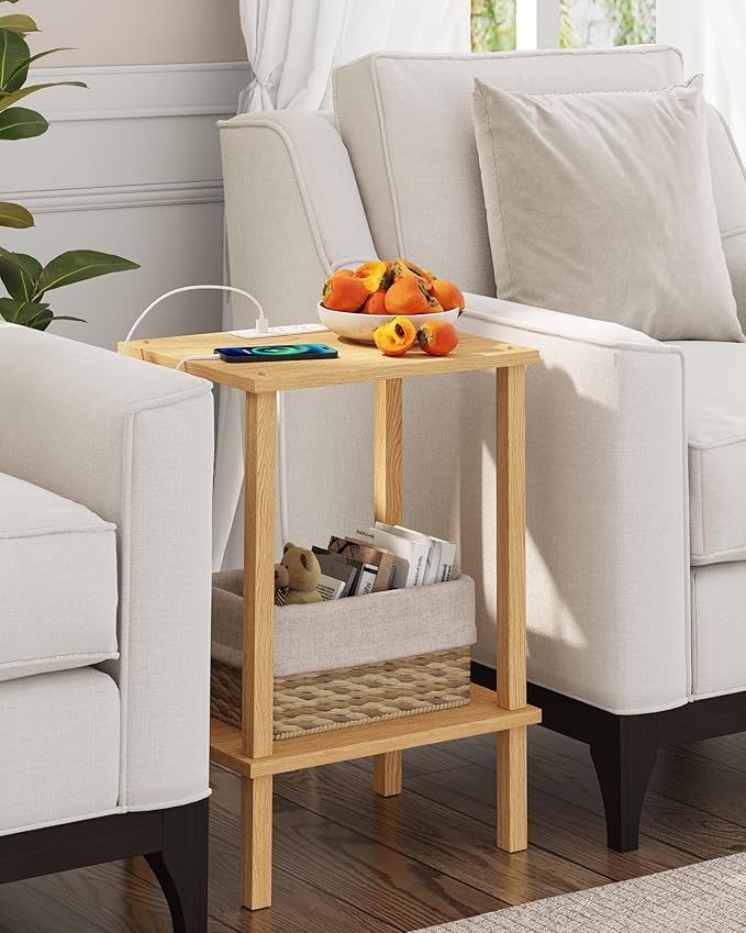 TUTOTAK End Table with Charging Station, Set of 2, Small Side Table with Outlets, Nightstand Bedside Table, 2-Tier Storage Shelf for Small Space, Living Room, Bedroom Natural TB01BN041