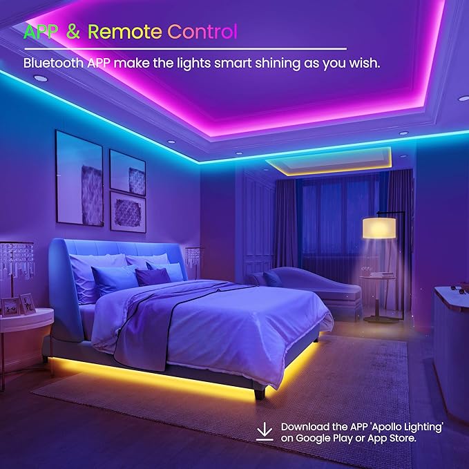 GUPUP 50 FT LED Strip Lights,Bluetooth LED Lighting for Bedroom, Color Changing Light Strip with Music Sync, Phone Controller and IR Remote(APP+Remote +Mic)