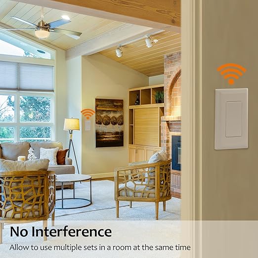 Suraielec Wireless Light Switch and Receiver Kit, 15A High Power, No Wiring, No Interference, 100ft RF Range, Expandable Remote Control Wall Switches for Lamp, Ceiling Light, Fan, Outdoor Lighting