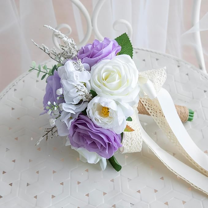 Wedding Bouquets for Bride Bridesmaid, Artificial Lilac Bride Flower Bouquet for Wedding Church Decoration Ceremony, Anniversary, etc, Roses Flowers