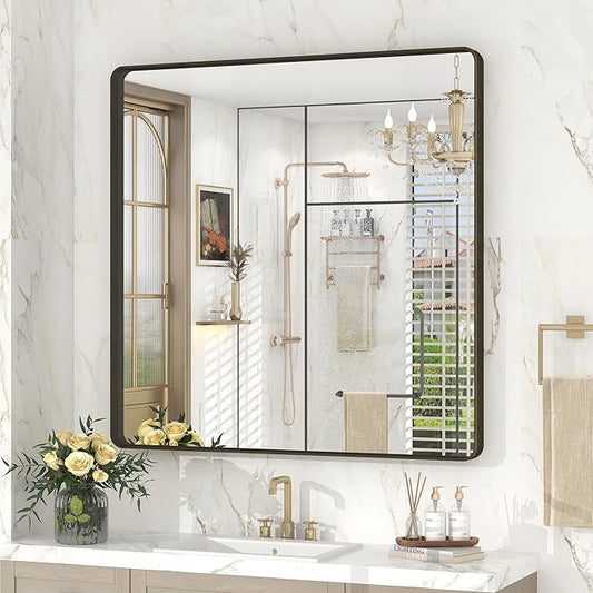 36x36 Inch Bronze Framed Bathroom Mirror, Rectangle Brushed Bronze Metal Vanity Mirror, Square Modern Wall Mirror, Rounded Corner, Tempered Glass, Anti-Rust, Shatterproof (Horizontal/Vertical)