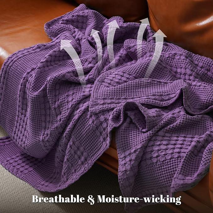 PHF 100% Cotton Waffle Weave Blanket Queen Size for Bed, Soft Lightweight & Breathable, All-Season Comfort, Luxury Aesthetic Woven Bedding for Home Decor, 90"x90", Grape Purple