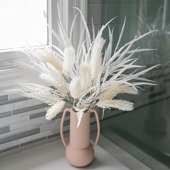 7 PCS Artificial Fall Stem Fake Plants, 26 in Fake Leaves Autumn Greenery Branches White Flowers Faux Foliage DIY Stems for Vase Thanksgiving Home Kitchen Office Indoor Centerpiece Table Decoration