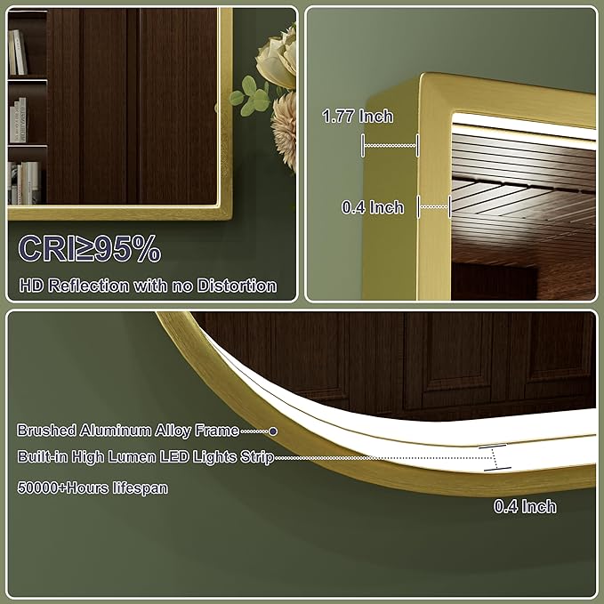 40x24 Inch Gold LED Bathroom Mirror, Adjustable 3000K/4500K/6000K, Irregular Framed Lighted Bathroom Vanity Mirror with Lights, Anti-Fog, Stepless Dimmable, Wall Mounted