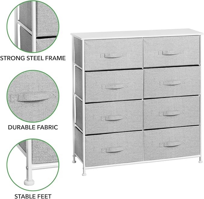 mDesign 38.31" High Steel Frame/Wood Top Storage Dresser Furniture Unit with 8 Removable Fabric Drawers - Large Bureau Organizer for Bedroom, Living Room, or Closet - Lido Collection, Gray